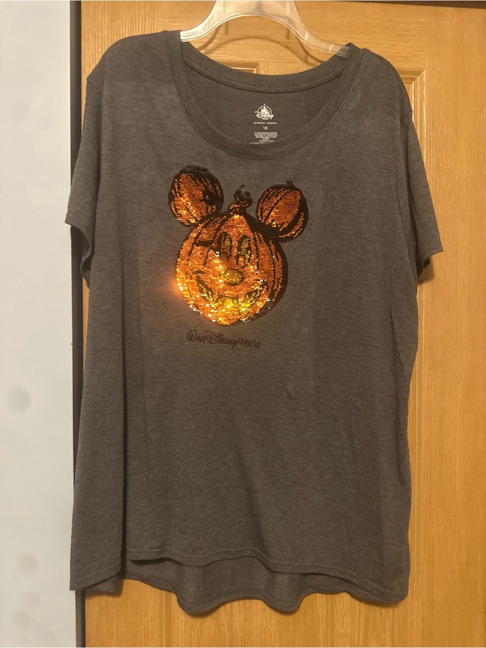 Disney Charcoal Tee with Orange Sequin Mickey Pumpkin
